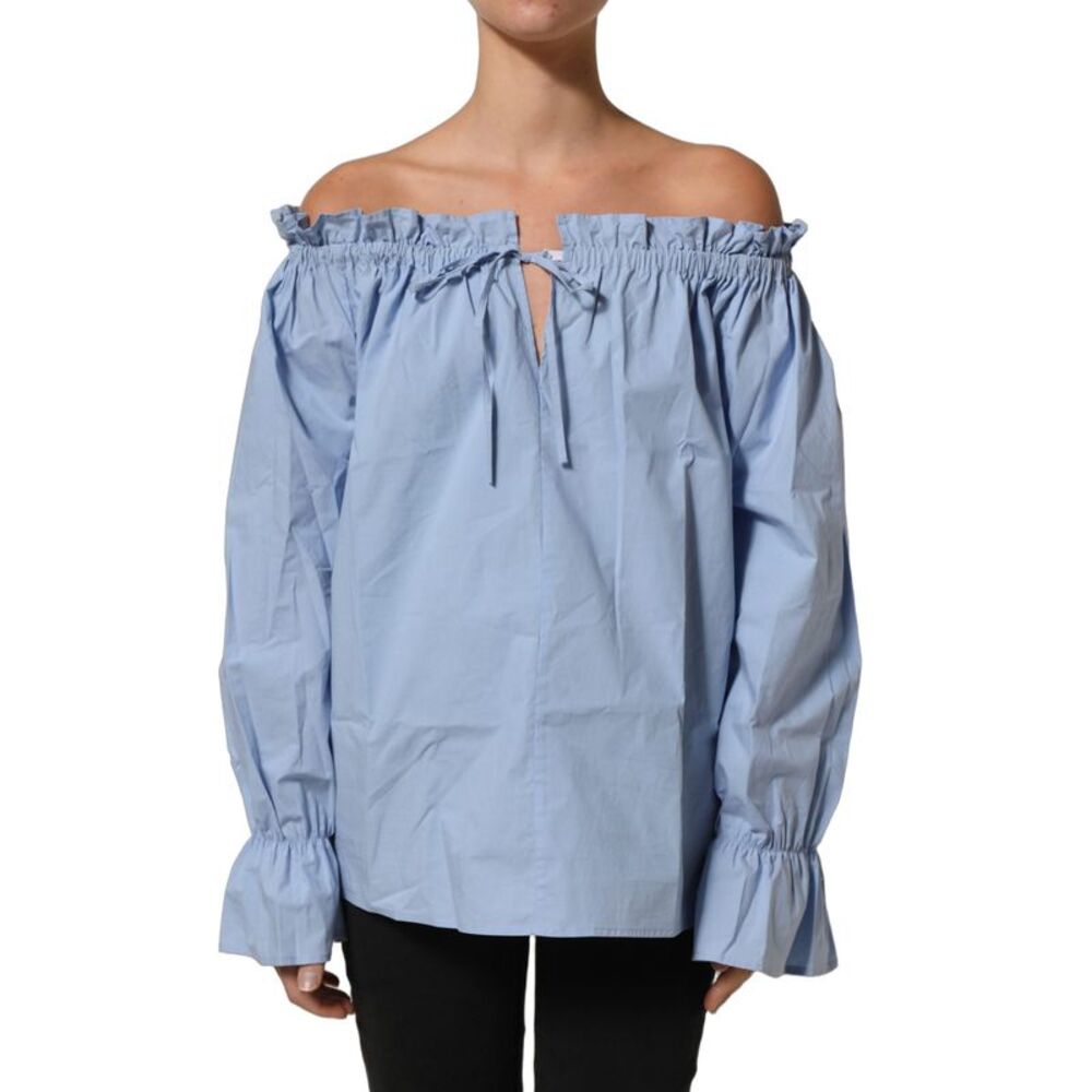 L'Autre Chose Light Blue Cotton Off Shoulder Long Sleeves Women's Top